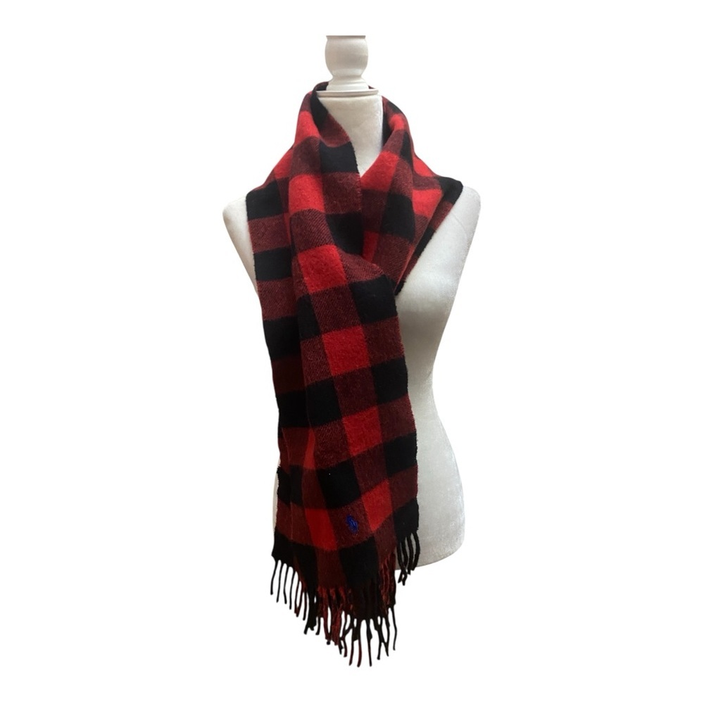 Polo Ralph Lauren Mens Red Black Buffalo Check Scarf Long Fringe Winter